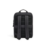Mueslii travel backpack, made of water resistant canvas nylon, with a laptop compartment, cabin luggage, color night black, back view.