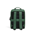 Mueslii travel backpack, made of PU coated waterproof nylon, with a laptop compartment, color green, back view.