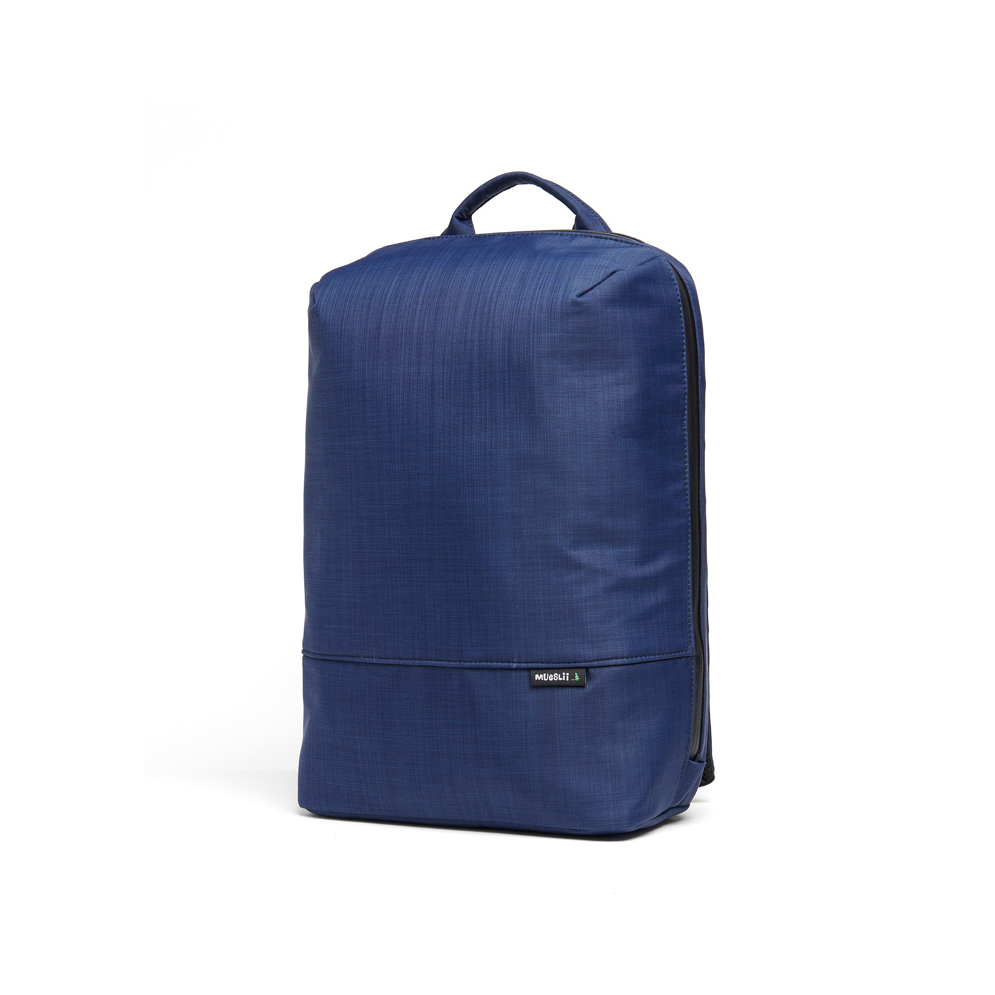 Mueslii daily backpack, made of  water resistant canvas nylon, with a laptop compartment, color ocean view, side view.