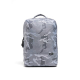 Mueslii daily backpack, made of jacquard  waterproof nylon, camouflage pattern, with a laptop compartment, color silver, front view.