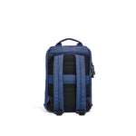 Mueslii small backpack,  made of  water resistant canvas nylon,  with a laptop compartment, color ocean blue, back view.