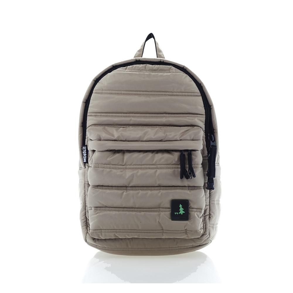 Mueslii original puffer daily backpack made of made of matte nylon and Ykk zips, color sand, front view.