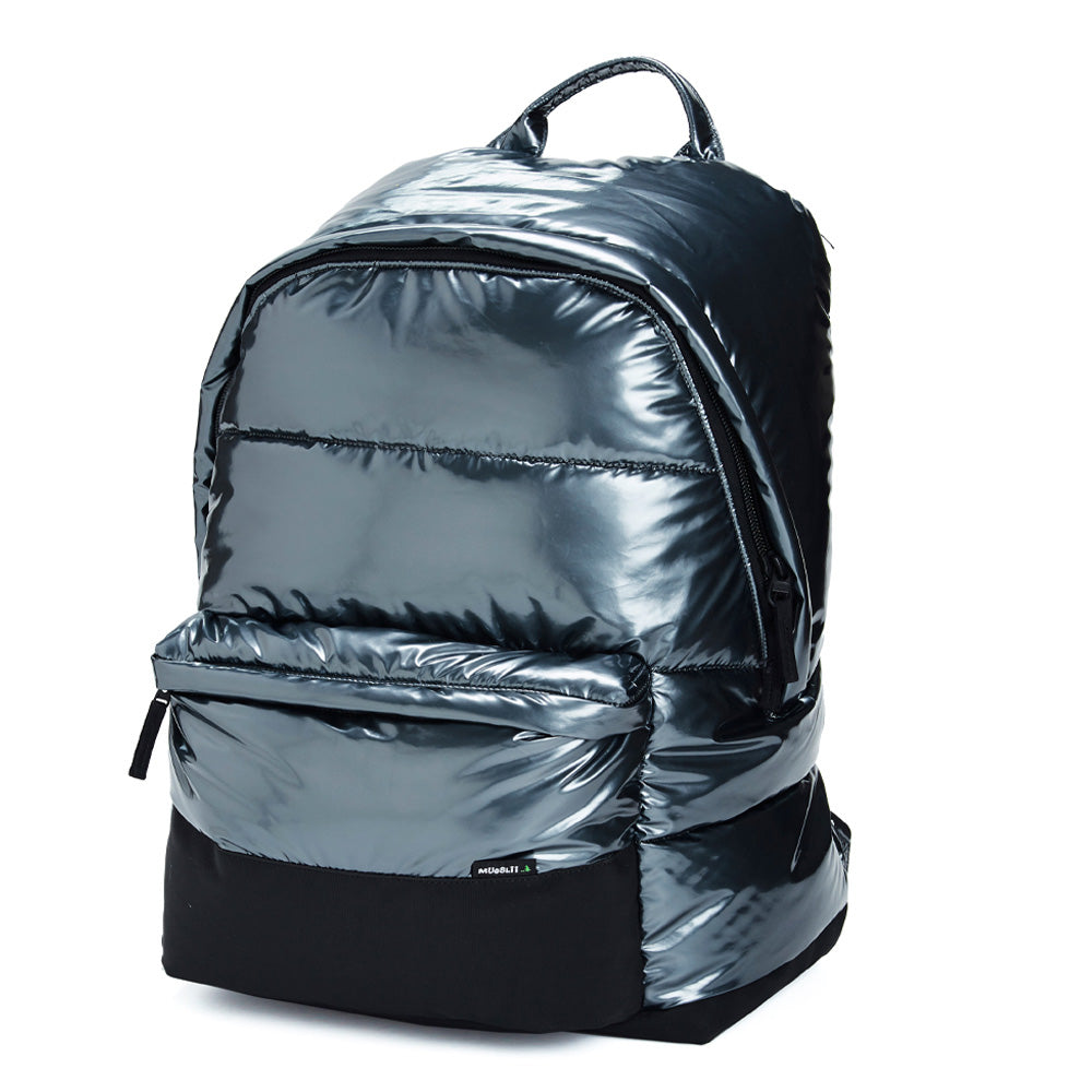 Mueslii XXL puffer backpack made of metal coated nylon and Ykk zips, color stone coal metal, perfect weekender size.