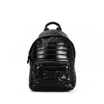 Mueslii original puffer medium and small backpack made of high density nylon and Ykk zips, color black, front view.