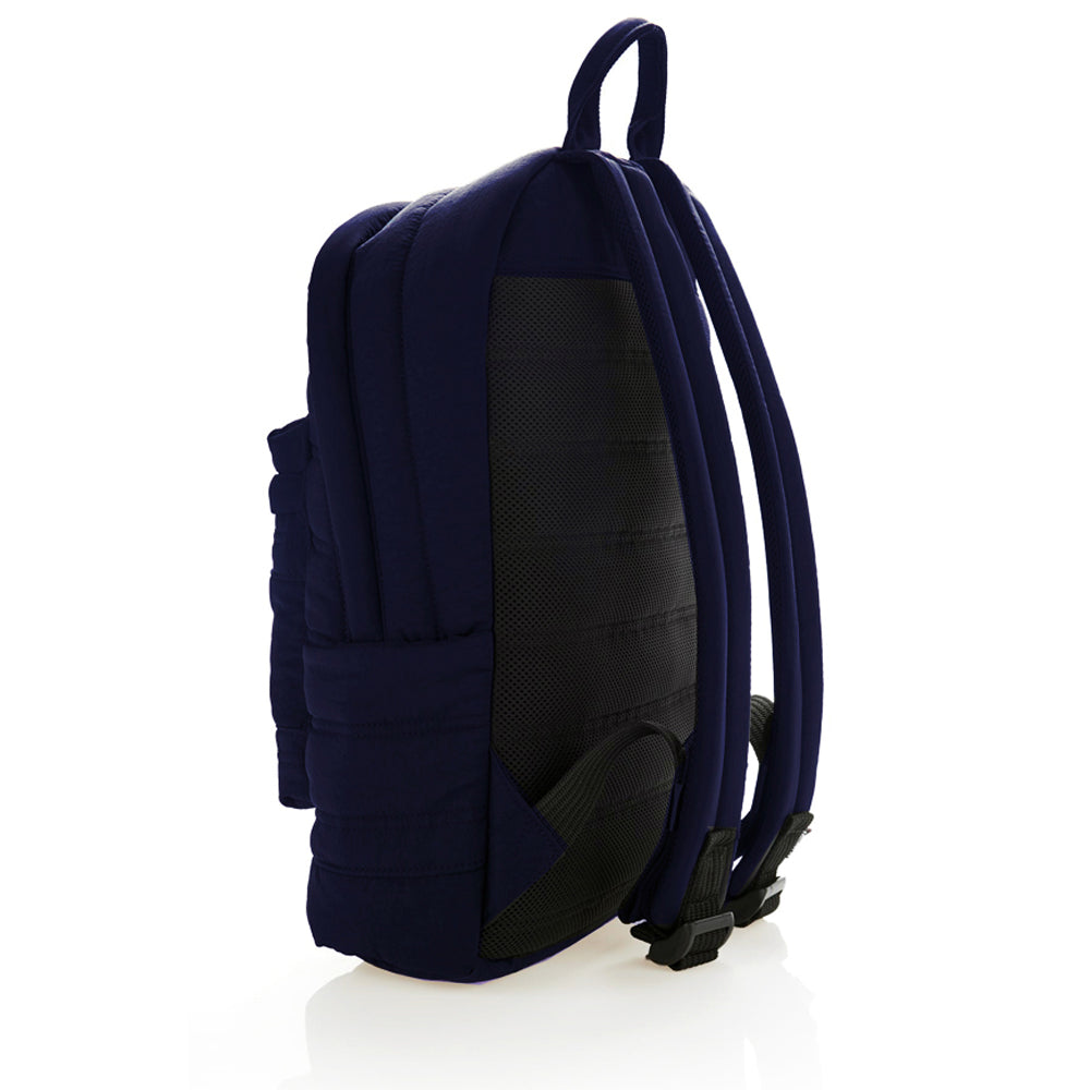 Mueslii original puffer laptop backpack made of high density nylon and Ykk zips, color matte blue, inner zippered pocket.
