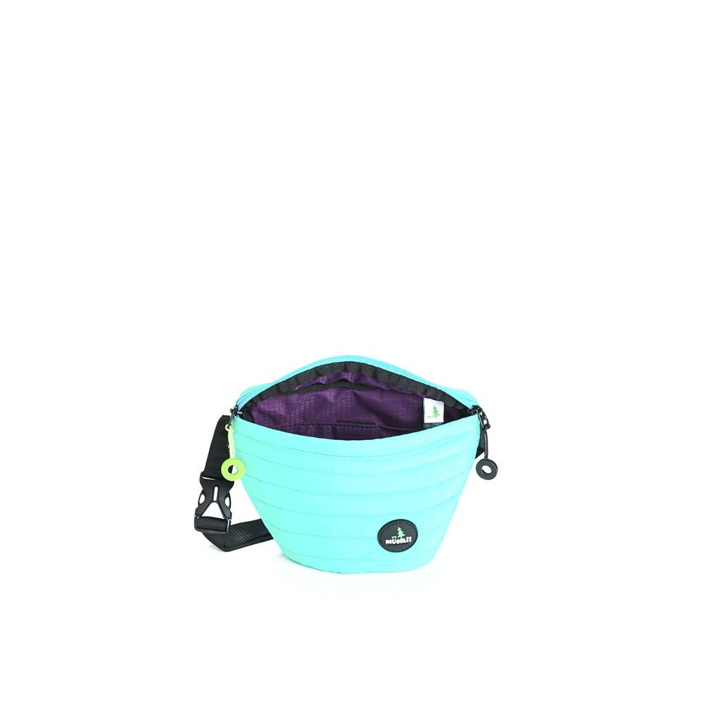 Mueslii puffer waist bag, small size, made of high density nylon and Ykk zips, color aqua blue pop, inside view.