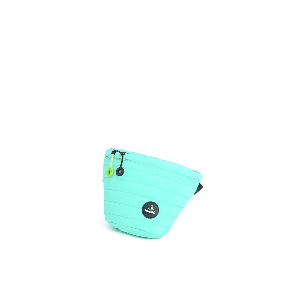 Mueslii puffer waist bag, small size, made of high density nylon and Ykk zips, color aqua blue pop, small size.
