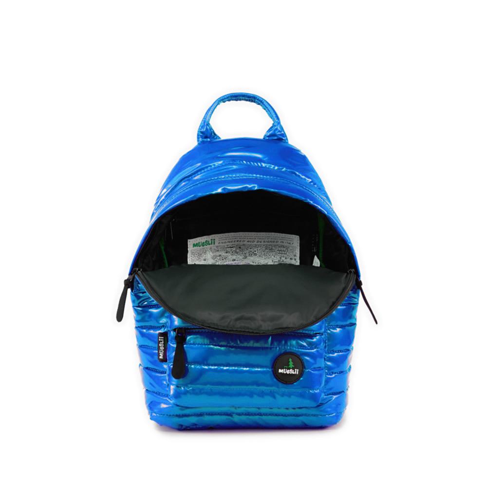 Mueslii original puffer medium and small backpack made of metal coated nylon and Ykk zips, color blue, inside view.