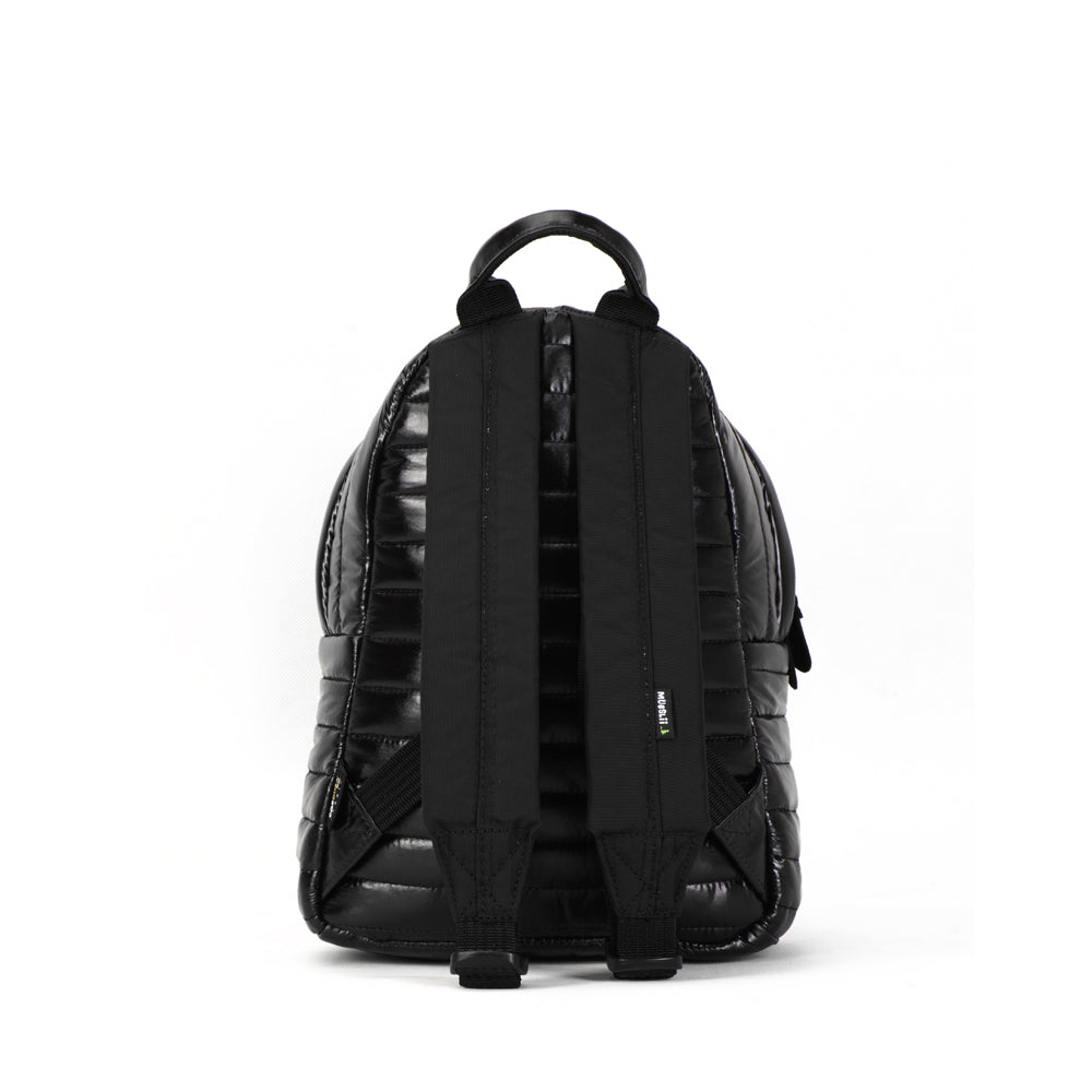 Mueslii original puffer medium and small backpack made of high density nylon and Ykk zips, color black, back view.