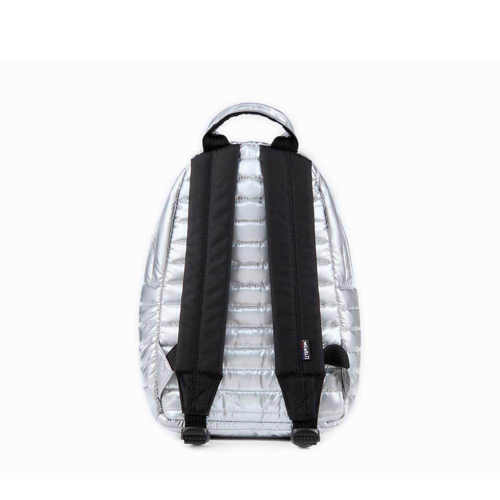 Mueslii original puffer medium and small backpack made of metal coated nylon and Ykk zips, color  silver, back view.