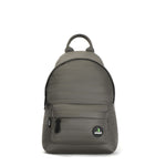 Mueslii original puffer medium and small backpack made of high density nylon and Ykk zips, color matte green, front view.