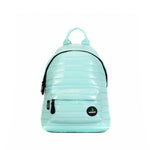 Mueslii original puffer medium and small backpack made of high density nylon and Ykk zips, color light green, front view.