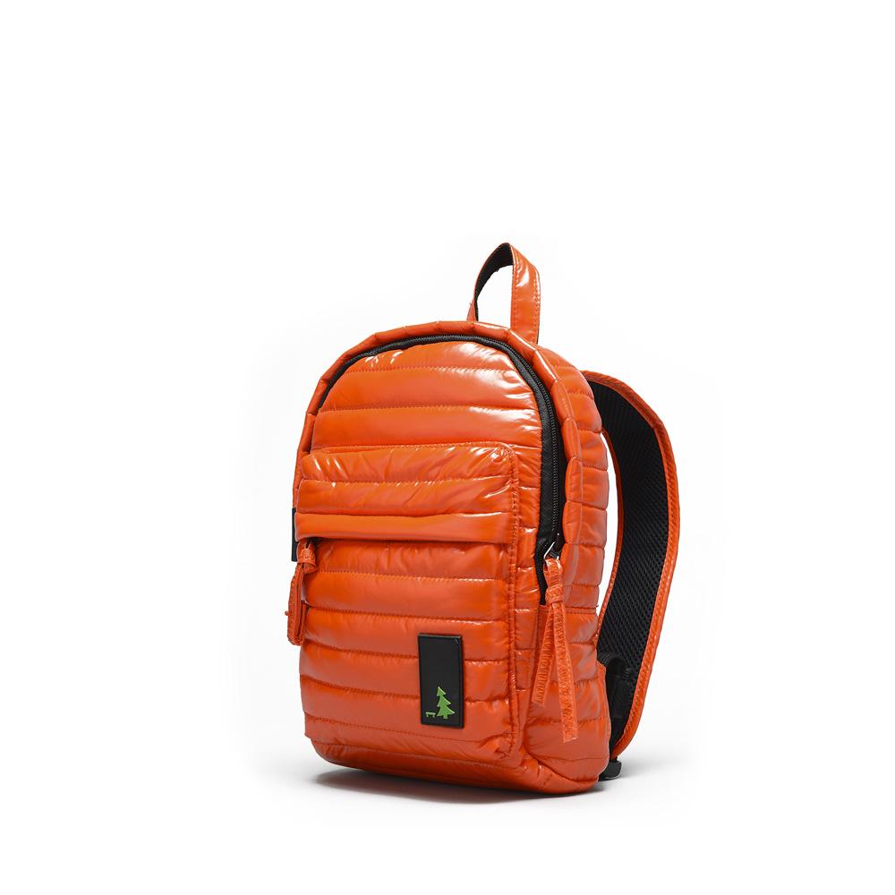 Mueslii original puffer Mini pack made of high density nylon and Ykk zips, color orange, side view.
