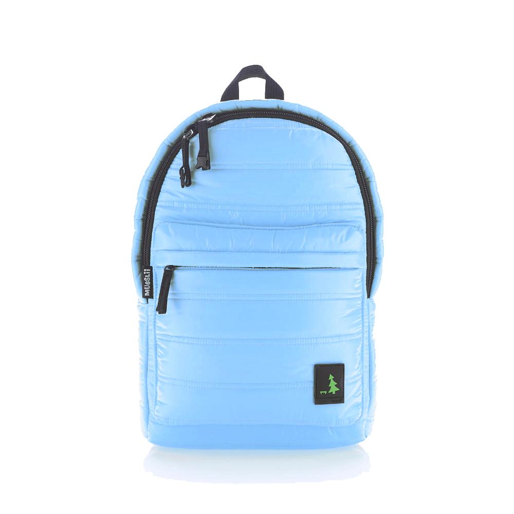 Mueslii original puffer daily backpack made of high density nylon and Ykk zips, color light blue, front view.