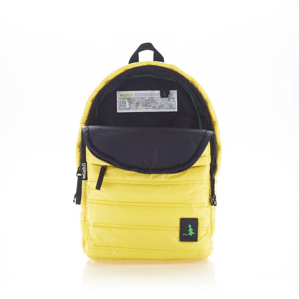 Mueslii original puffer daily backpack made of high density nylon and Ykk zips, color golden poppy, inside view.