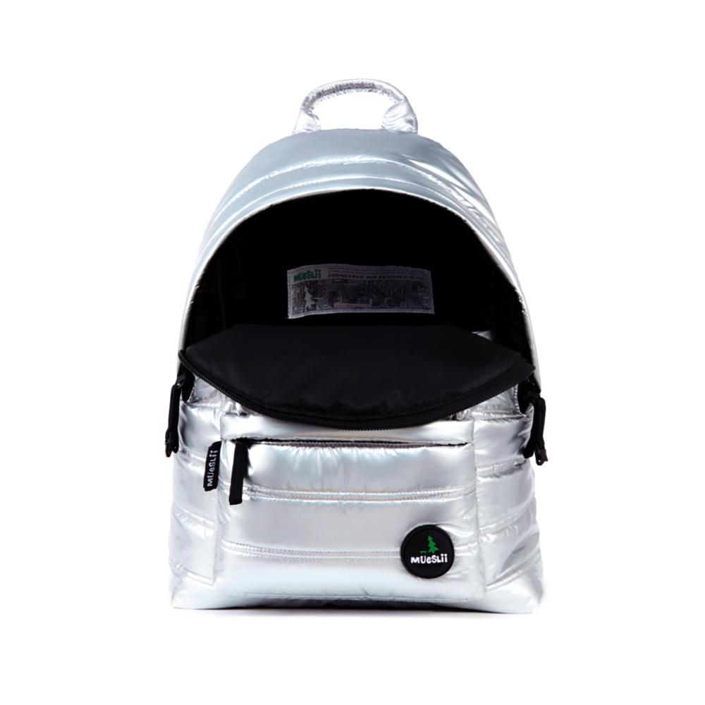 Mueslii original puffer daily backpack made of metal coated nylon and Ykk zips, color silver, inside view.
