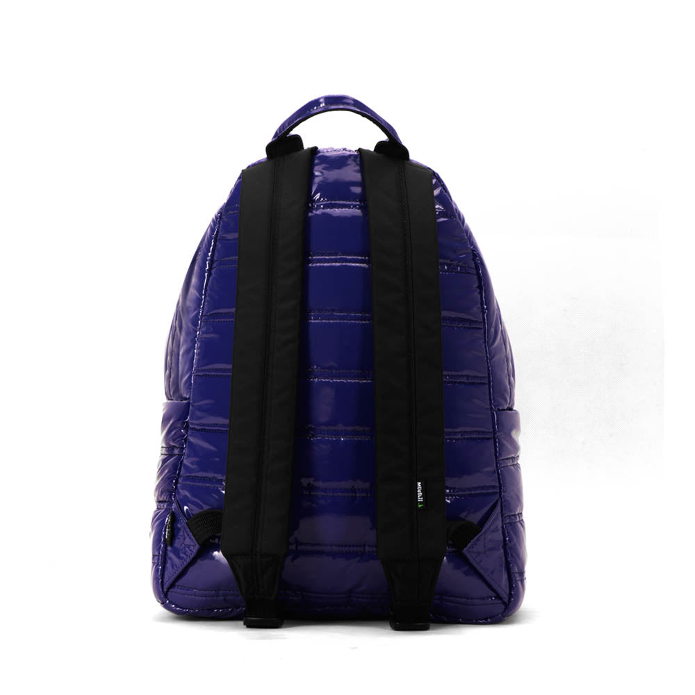 Mueslii original puffer daily backpack made of metal coated nylon and Ykk zips, color purple blue, back view.