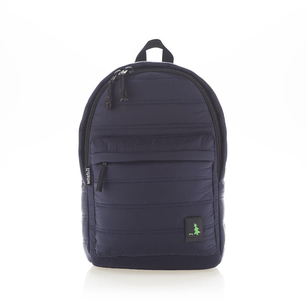 Mueslii original puffer daily backpack made of made of matte nylon and Ykk zips, color dark blue, front view.