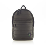 Mueslii original puffer daily backpack made of made of matte nylon and Ykk zips, color dark green, front view.