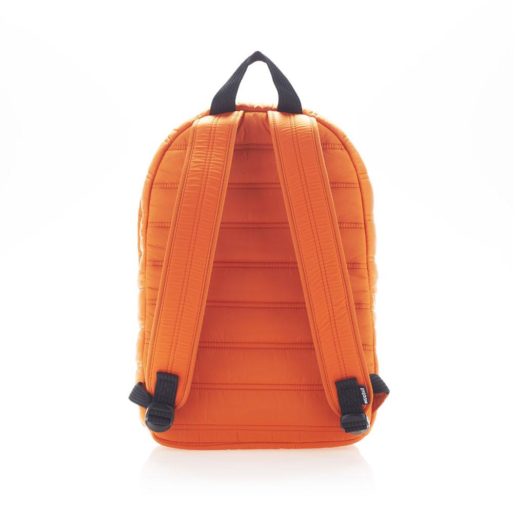 Mueslii original puffer daily backpack made of made of matte nylon and Ykk zips, color orange, back view.