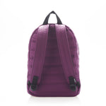 Mueslii original puffer daily backpack made of made of matte nylon and Ykk zips, color purple, back view.