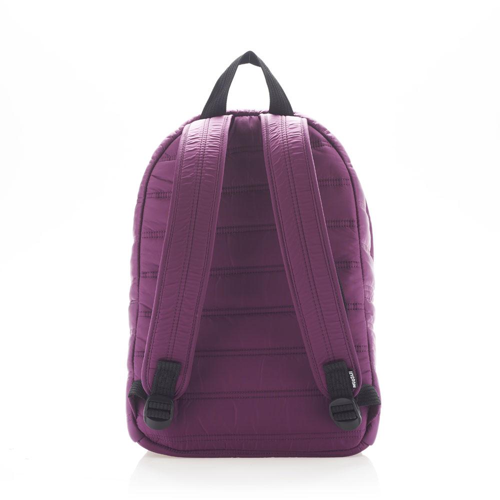 Mueslii original puffer daily backpack made of made of matte nylon and Ykk zips, color purple, back view.