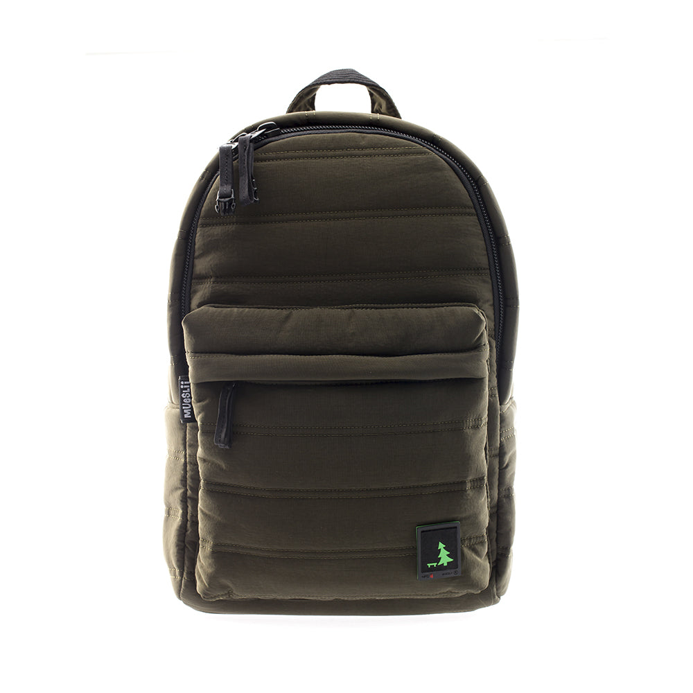 Mueslii original puffer daily backpack made of high density nylon and Ykk zips, color green-crinkle nylon, front view.