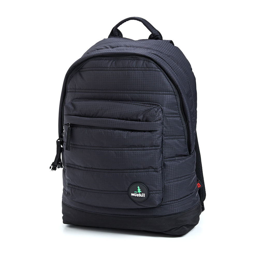 Mueslii original puffer laptop backpack made of high density nylon and Ykk zips, color matte black, unisex model.