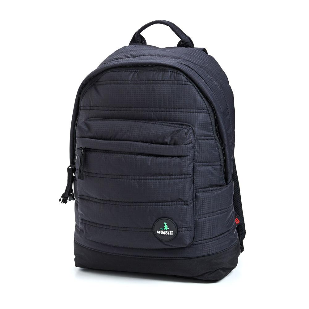 Mueslii original puffer laptop backpack made of high density nylon and Ykk zips, color matte black, zippered front pocket & inner pocket.