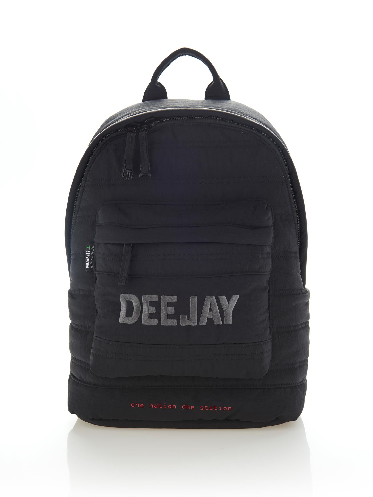 Mueslii original puffer laptop backpack made of high density nylon and Ykk zips, color black Deejay, front view.