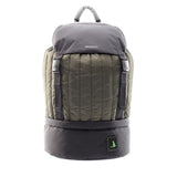 Mueslii puffer top loader made of Cordura nylon and Ykk zips, color black and green, capacity 25 liters.