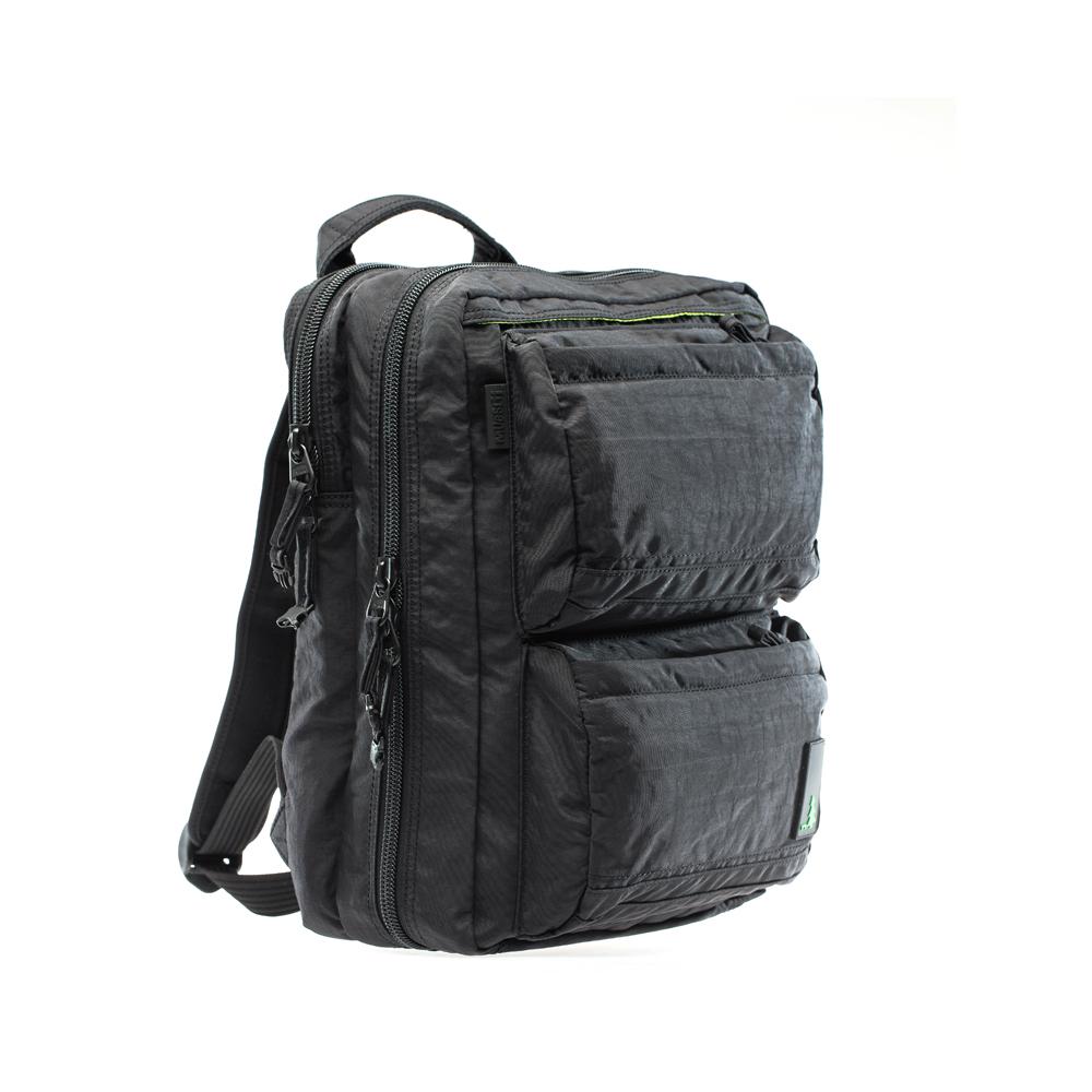 Mueslii travel backpack with separate clothes and laptop compartments, color coal black, made of crinkle nylon.