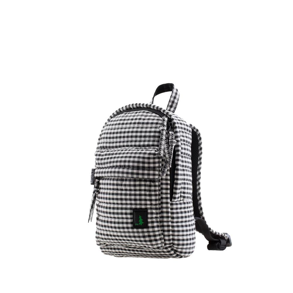 Mueslii original puffer Mini pack made of high density nylon and Ykk zips, pattern chequered, color black and white, side view.
