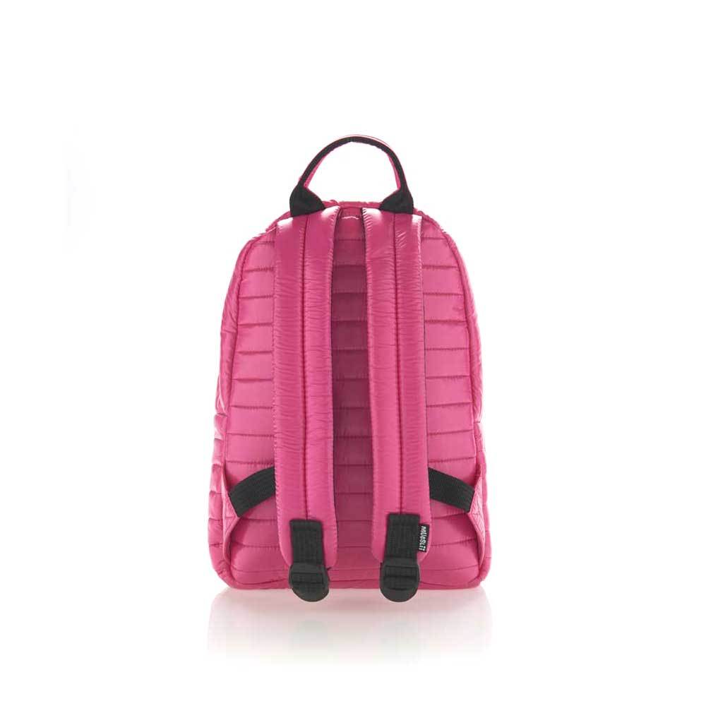 Mueslii original puffer medium and small backpack made of high density nylon and Ykk zips, color rose, back view.