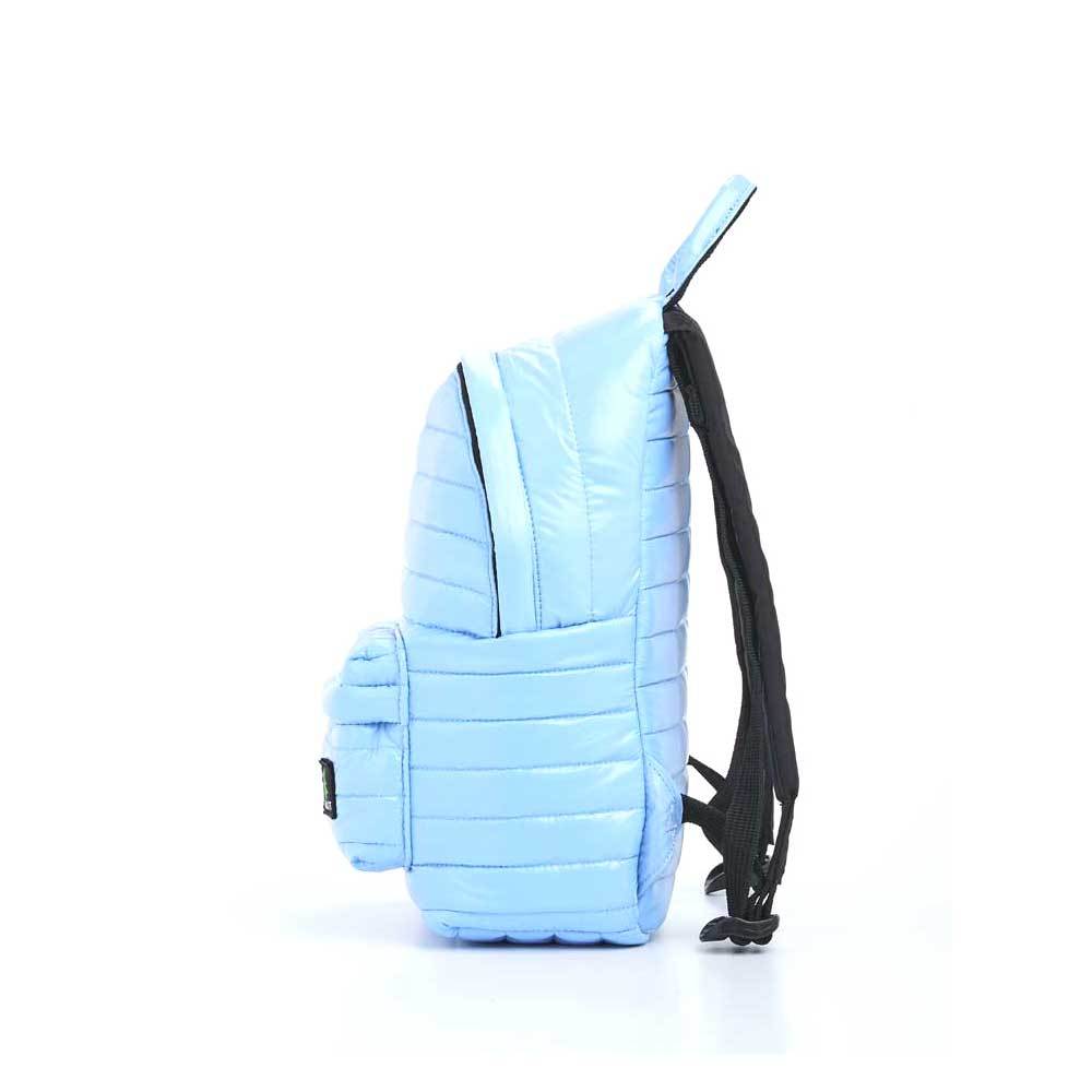 Mueslii original puffer medium and small backpack made of high density nylon and Ykk zips, color light blue, side view.