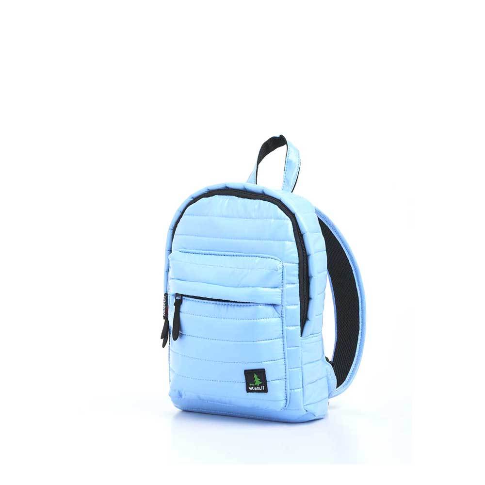 Mueslii original puffer Mini pack made of high density nylon and Ykk zips, color light blue, side view.
