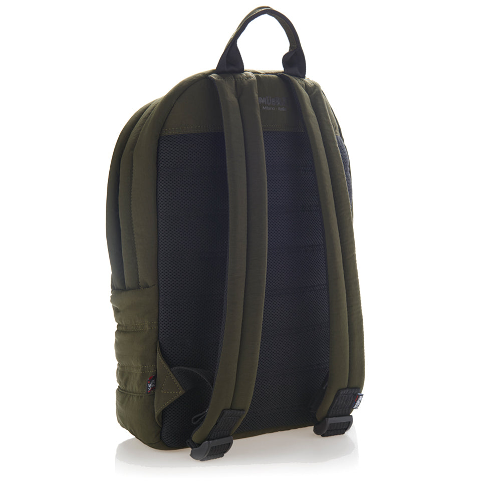 Mueslii original puffer laptop backpack made of high density nylon and Ykk zips, color dark khaki, back view.