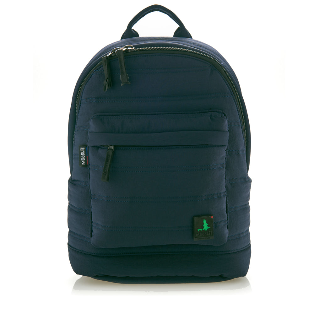 Mueslii original puffer laptop backpack made of high density nylon and Ykk zips, color matte blue, front view.